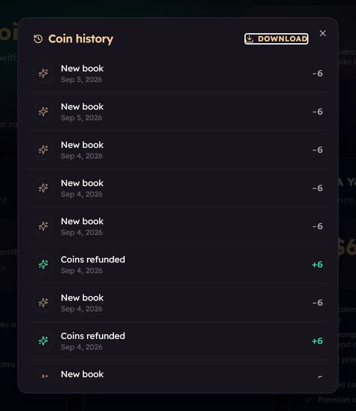 The Coin history window: a list of rows such as New book and Coins refunded, each with a date and an amount.