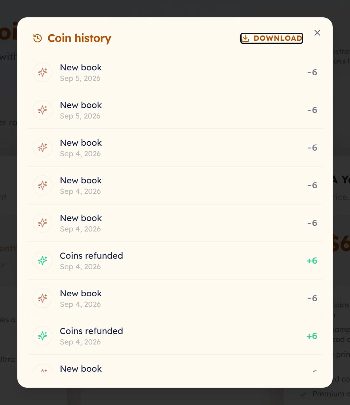 The Coin history window: a list of rows such as New book and Coins refunded, each with a date and an amount.