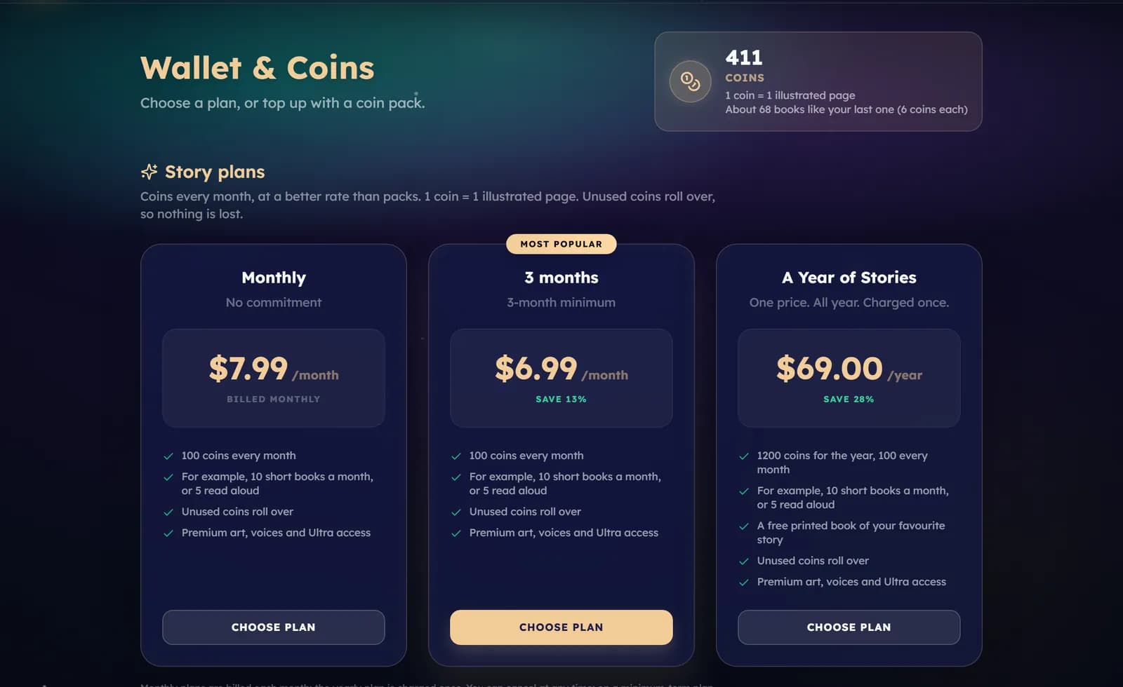 The Wallet and Coins page: the coin balance at the top and three plan cards below it — Monthly, 3 months and A Year of Stories.