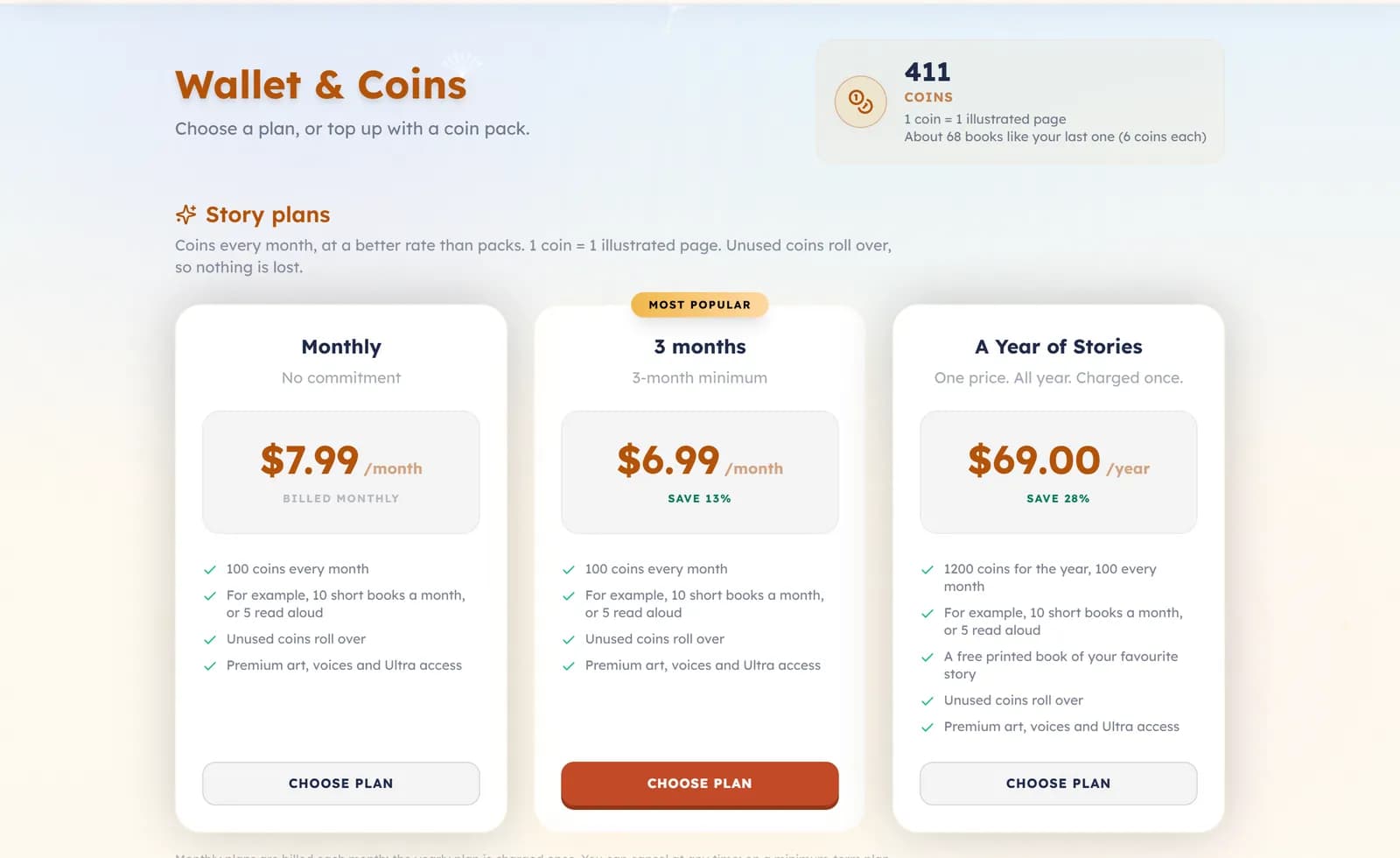 The Wallet and Coins page: the coin balance at the top and three plan cards below it — Monthly, 3 months and A Year of Stories.