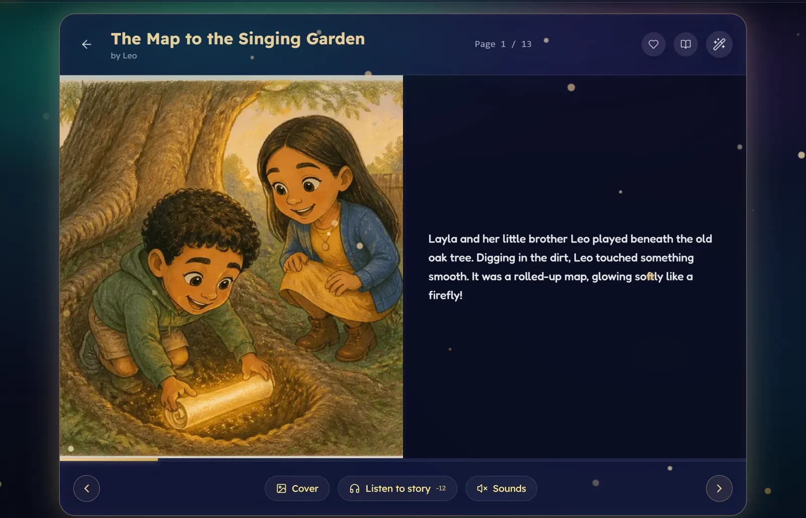 The reader in Book view: the illustration on the left page, the story text on the right, and controls for previous page, Cover, Listen to story, Sounds and next page underneath.