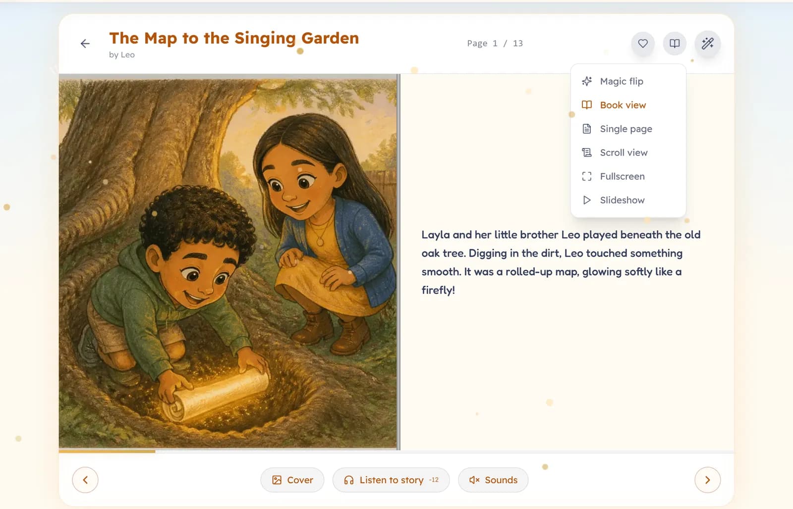 The View mode menu open in the reader, listing Magic flip, Book view, Single page, Scroll view, Fullscreen and Slideshow.