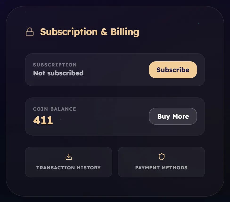 The Subscription and Billing card in Settings, showing the plan status, the coin balance, and buttons for Transaction history and Payment methods.