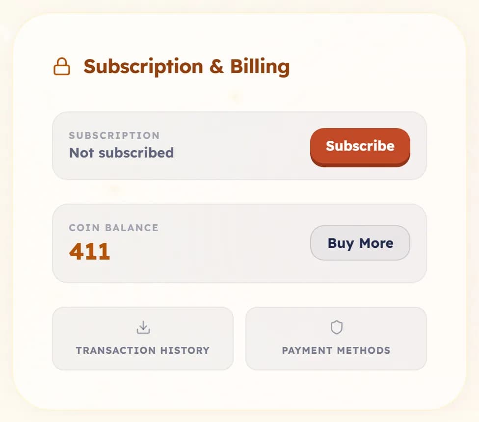 The Subscription and Billing card in Settings, showing the plan status, the coin balance, and buttons for Transaction history and Payment methods.