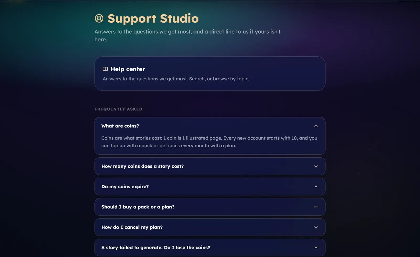 The Support Studio page: a link to the Help center, frequently asked questions, and a Message us form with a subject and a message.