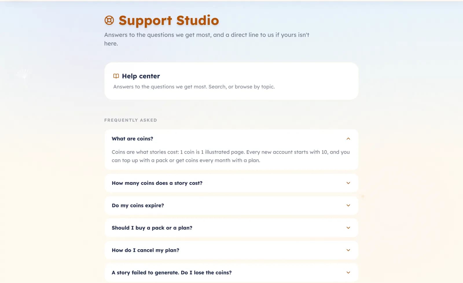 The Support Studio page: a link to the Help center, frequently asked questions, and a Message us form with a subject and a message.