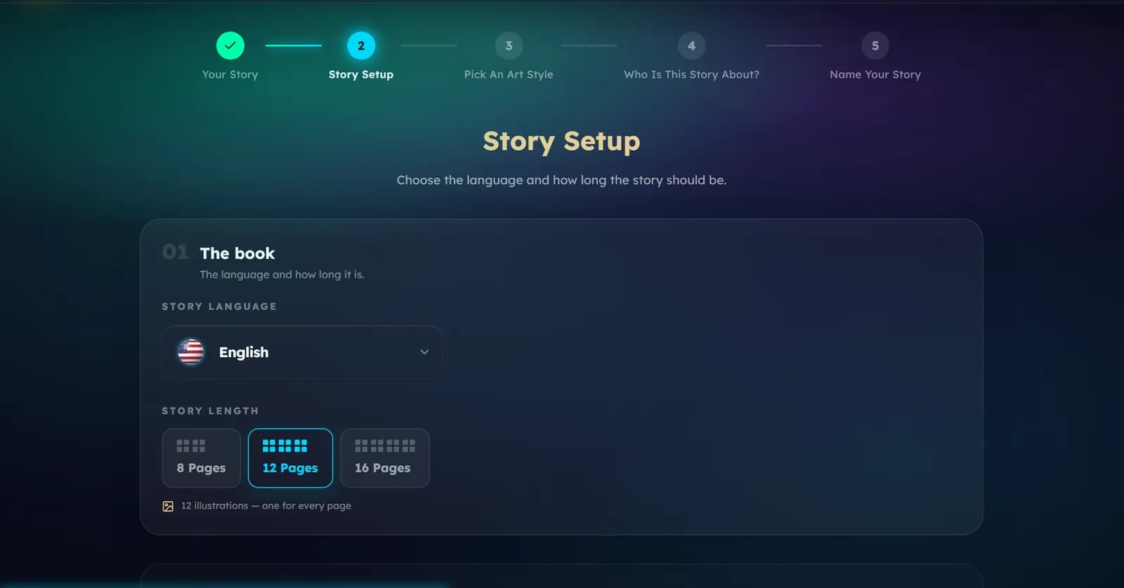 Story Setup: the language and the story length choices of 8, 12 or 16 pages for the chosen reading level.