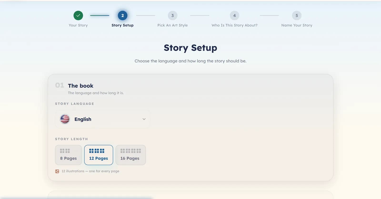Story Setup: the language and the story length choices of 8, 12 or 16 pages for the chosen reading level.