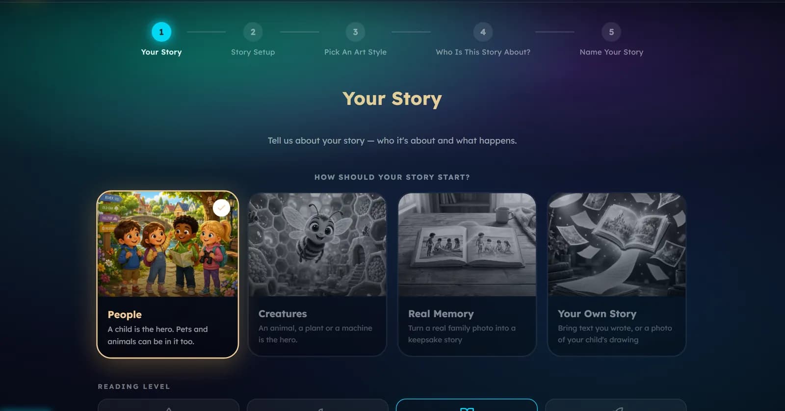 The first step of the story wizard: four tiles for how the story starts, and a Reading level choice below them.