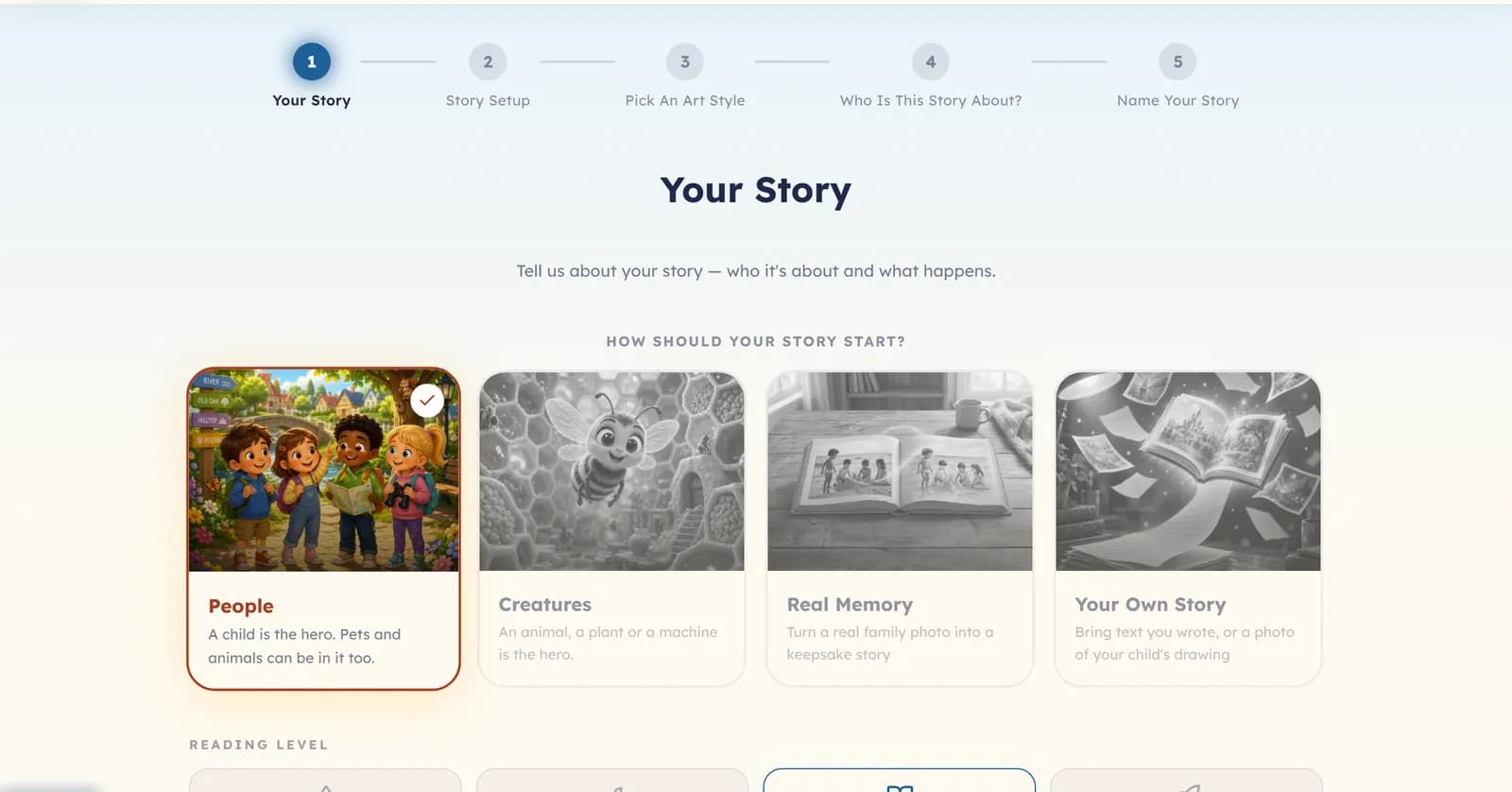 The first step of the story wizard: four tiles for how the story starts, and a Reading level choice below them.