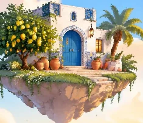 A white house with a blue door on a small floating island