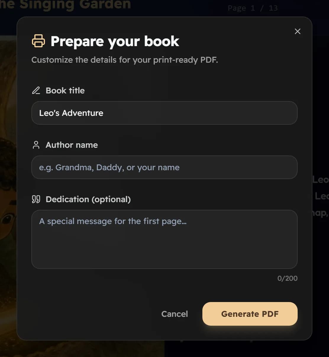 The Prepare your book window: fields for Book title, Author name and a Dedication, with Cancel and Generate PDF buttons.