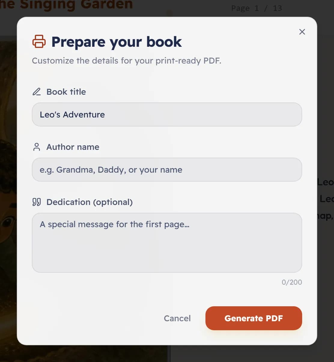 The Prepare your book window: fields for Book title, Author name and a Dedication, with Cancel and Generate PDF buttons.