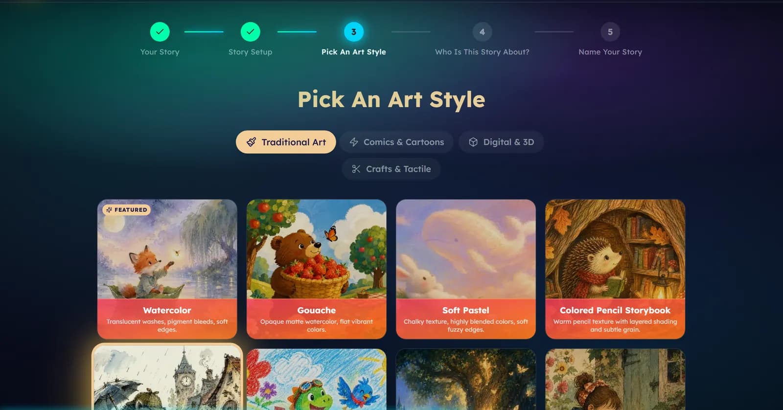 The Pick An Art Style step: four style groups at the top and a grid of styles such as Watercolor, Gouache, Soft Pastel and Colored Pencil Storybook.