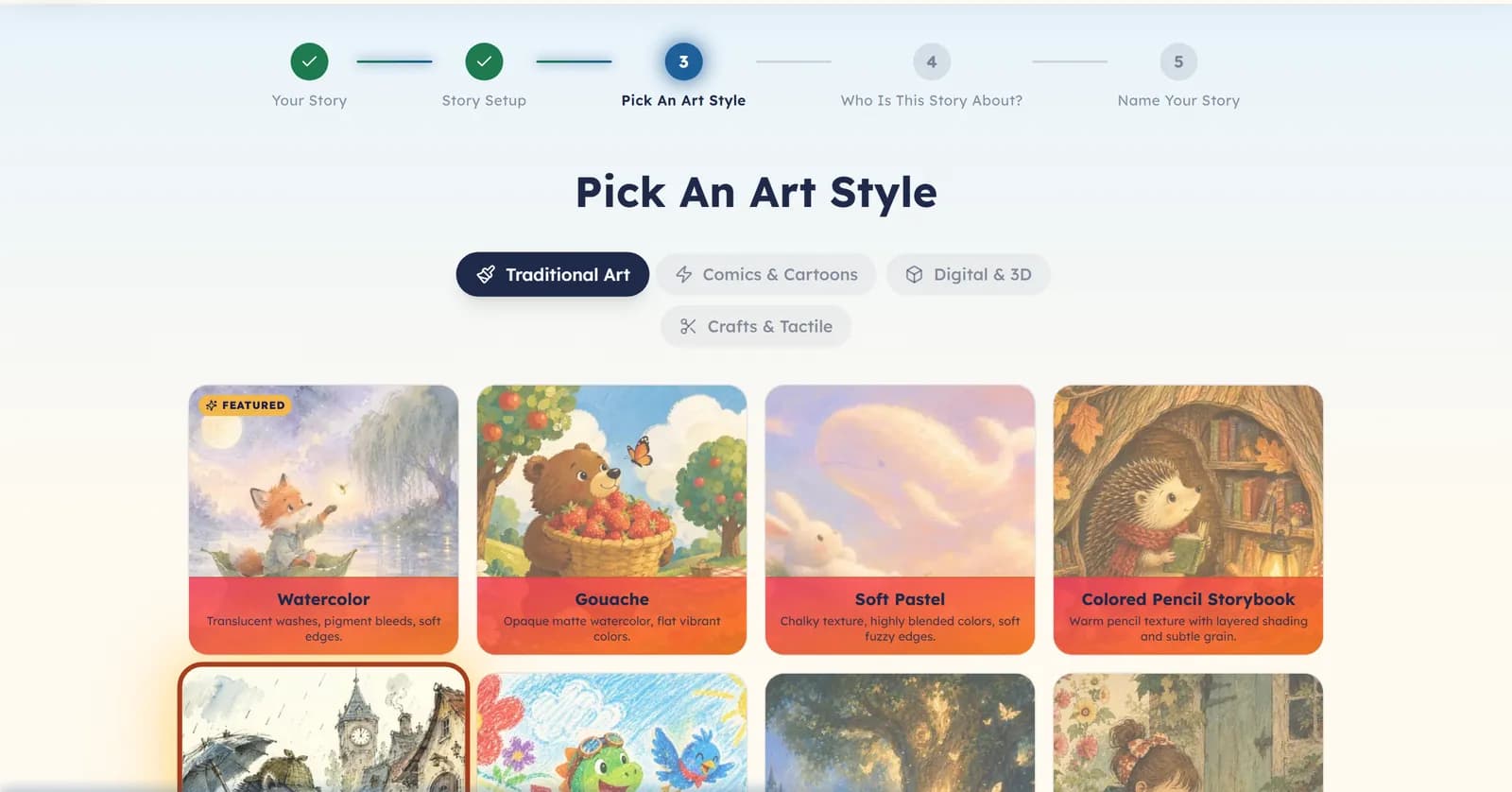 The Pick An Art Style step: four style groups at the top and a grid of styles such as Watercolor, Gouache, Soft Pastel and Colored Pencil Storybook.