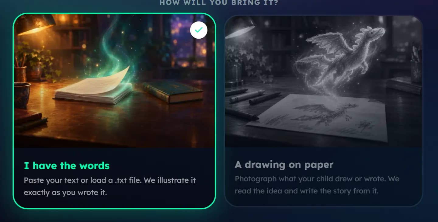 The two Your Own Story options: I have the words, and A drawing on paper.
