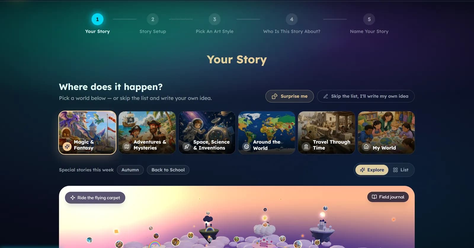 The world picker: six world shelves such as Magic and Fantasy and Adventures and Mysteries, with a Surprise me button.