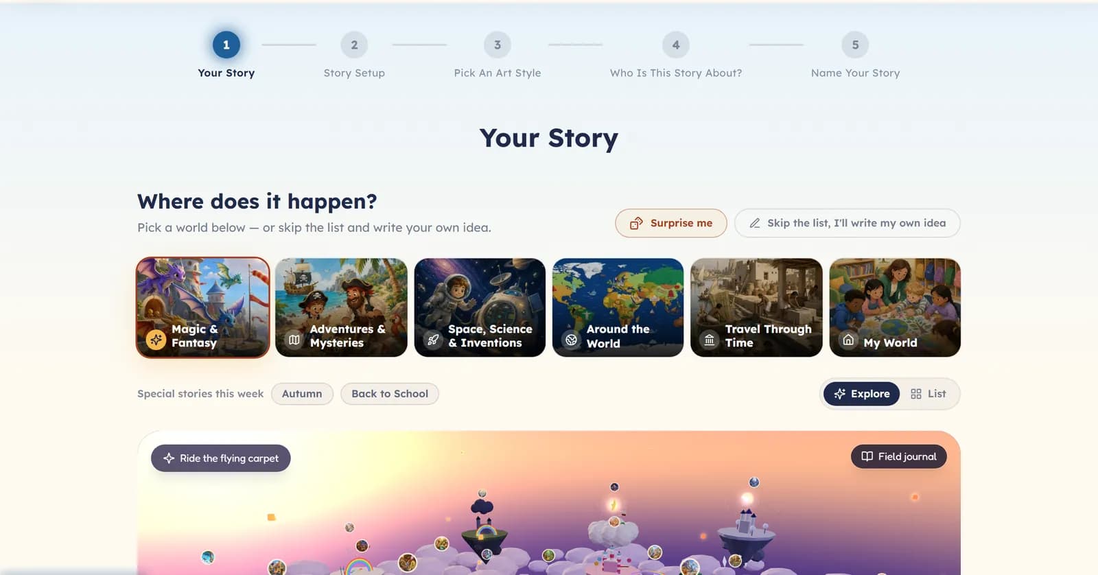 The world picker: six world shelves such as Magic and Fantasy and Adventures and Mysteries, with a Surprise me button.